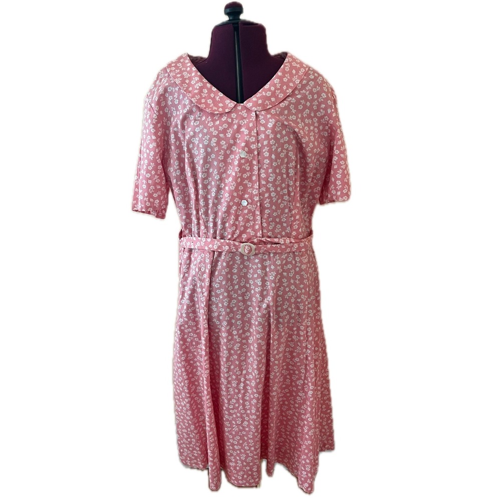 Vintage Handmade Pink Floral Peter Pan Collar Midi Dress Belted Retro Sz M